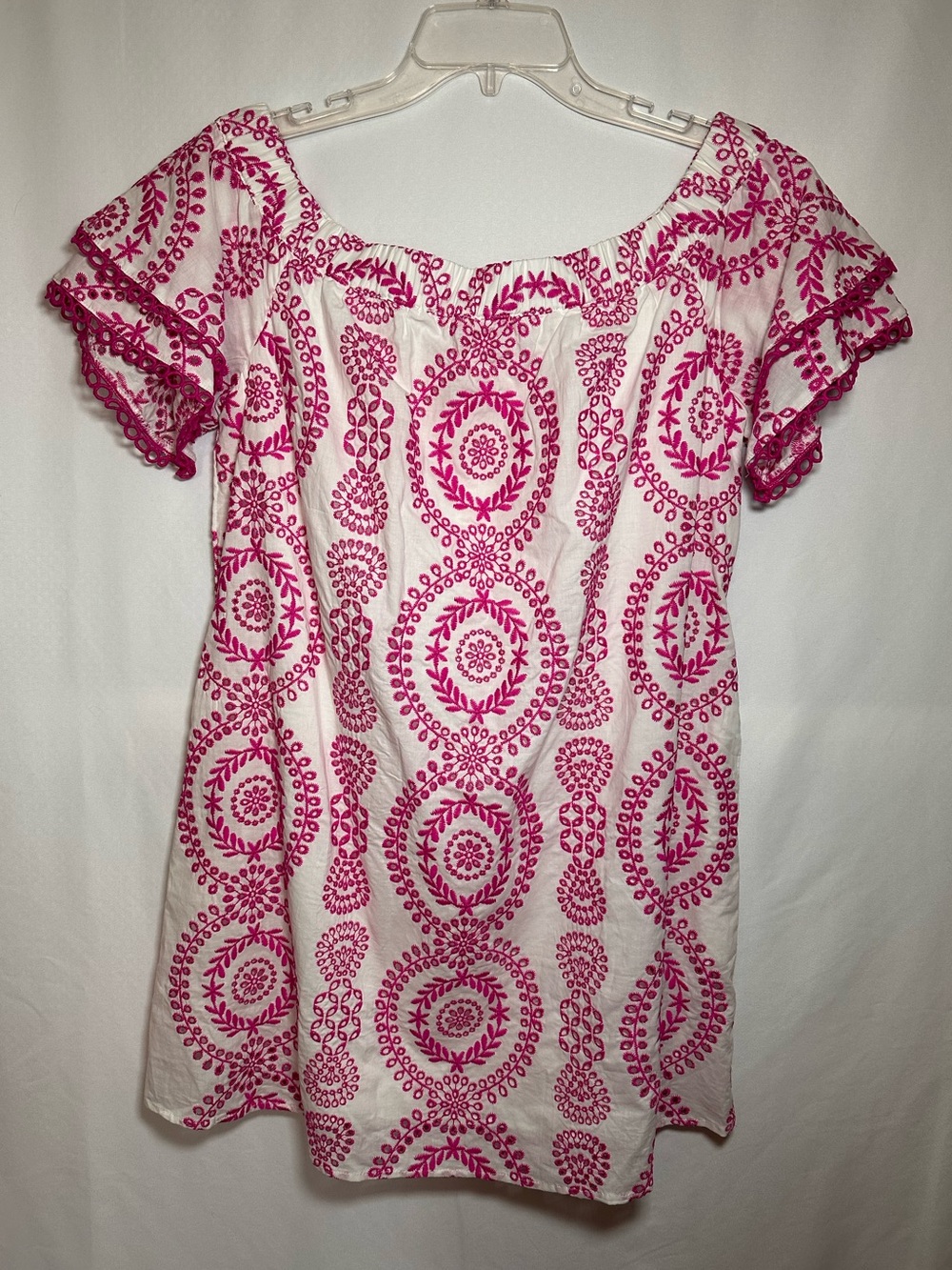Skies Are Blue Whiteโ Pink Eyelet Embroidered Off-The-Shoulder Mini Dress Size S